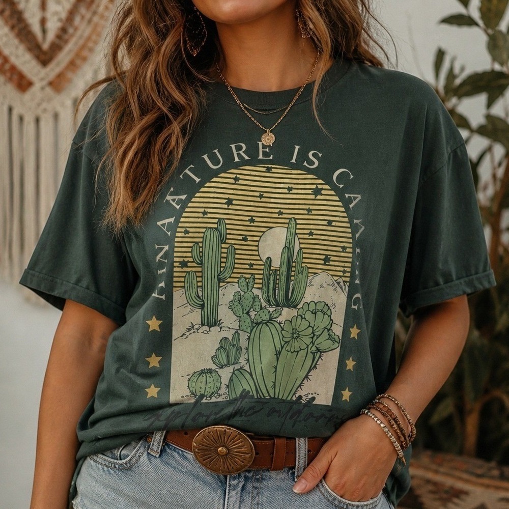Adventure Is Calling T-Shirt Dark Green Large, Cactus Boho Van Life Arizona Tee